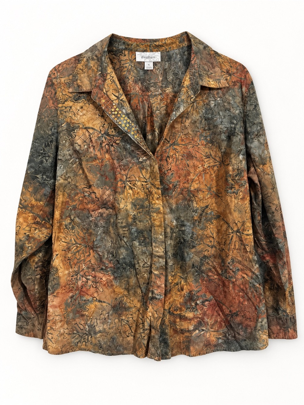 Dressbarn XL Earth-Tone Batik Print Embellished Long-Sleeve Blouse